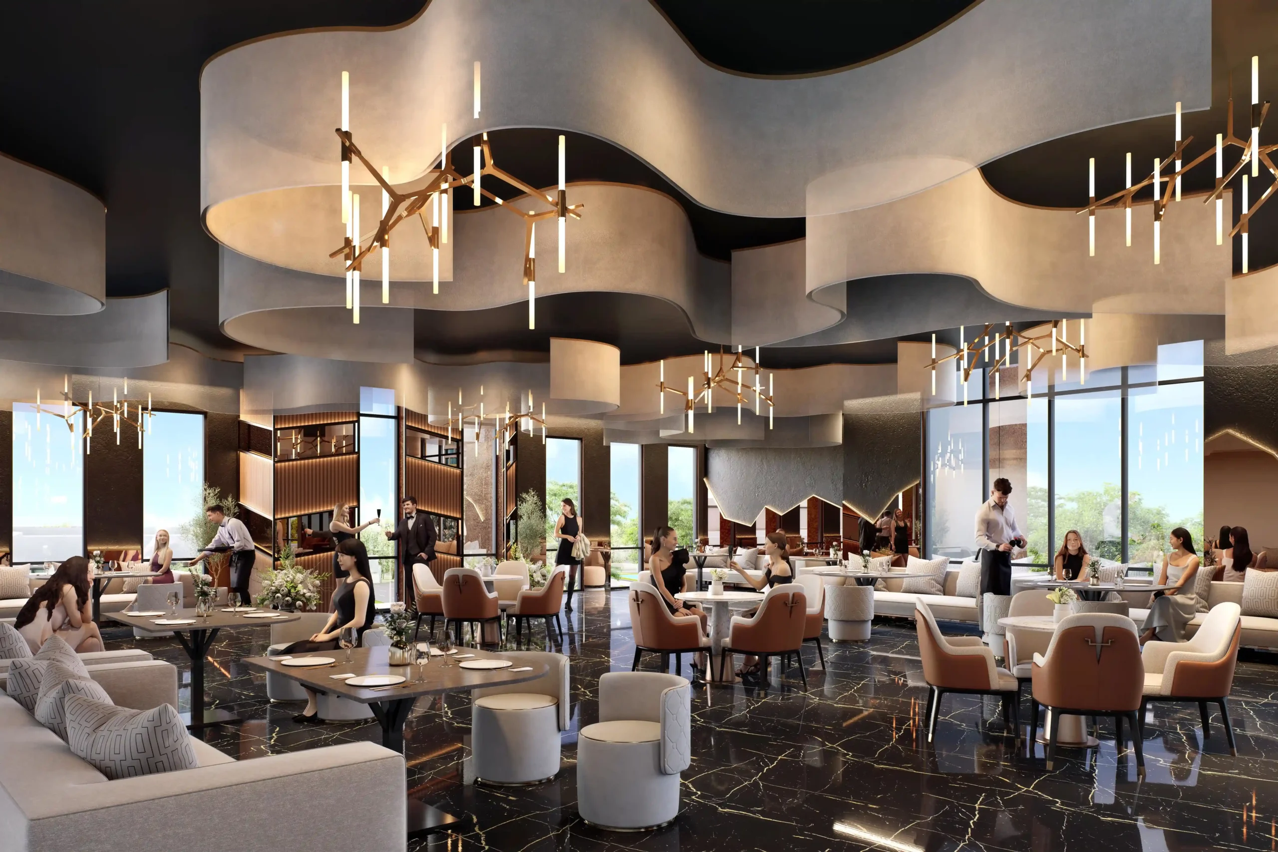 Ilustrasi interior restoran fine dining di dalam unit Domain Business Suites