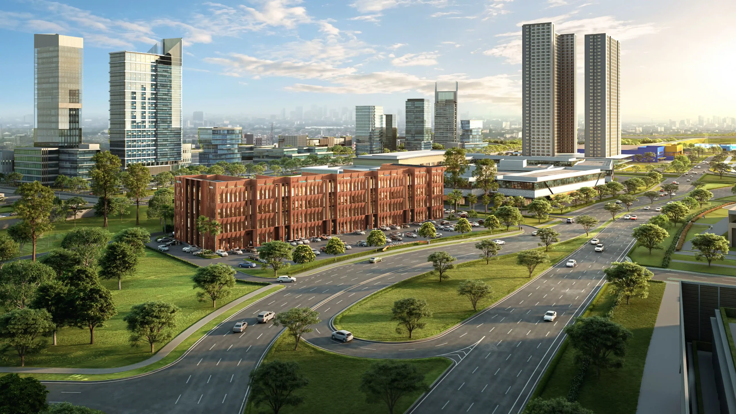 Ilustrasi udara Domain Business Suites di Jalur Sutera Boulevard dengan latar gedung-gedung tinggi Alam Sutera