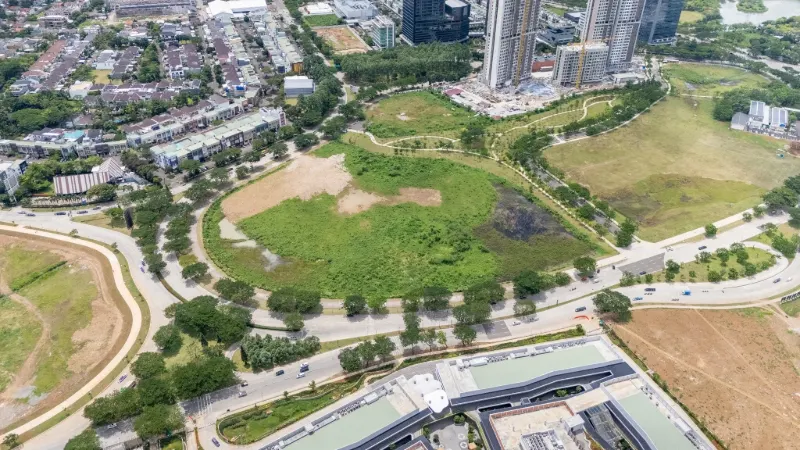 Foto udara area Blok D Escala Alam Sutera di seberang Jakarta Premium Outlets