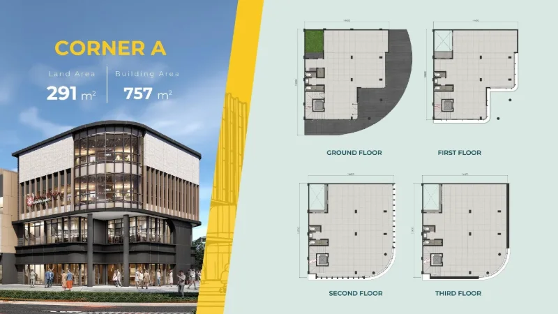 Ilustrasi fasad dan denah 4 lantai tipe Corner A Ruko West18 Alam Sutera