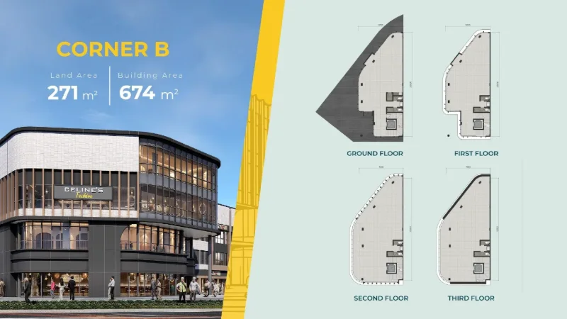 Ilustrasi fasad dan denah 4 lantai tipe Corner B Ruko West18 Alam Sutera