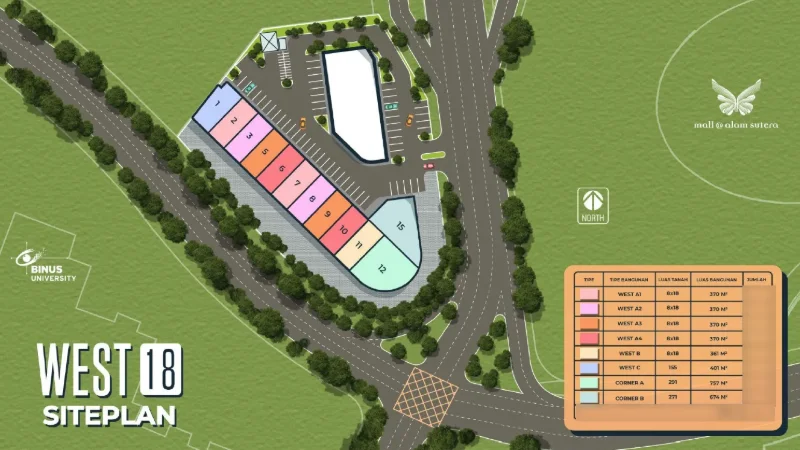 Siteplan Ruko West18 Alam Sutera dengan posisi unit, BINUS University, dan Mall @ Alam Sutera